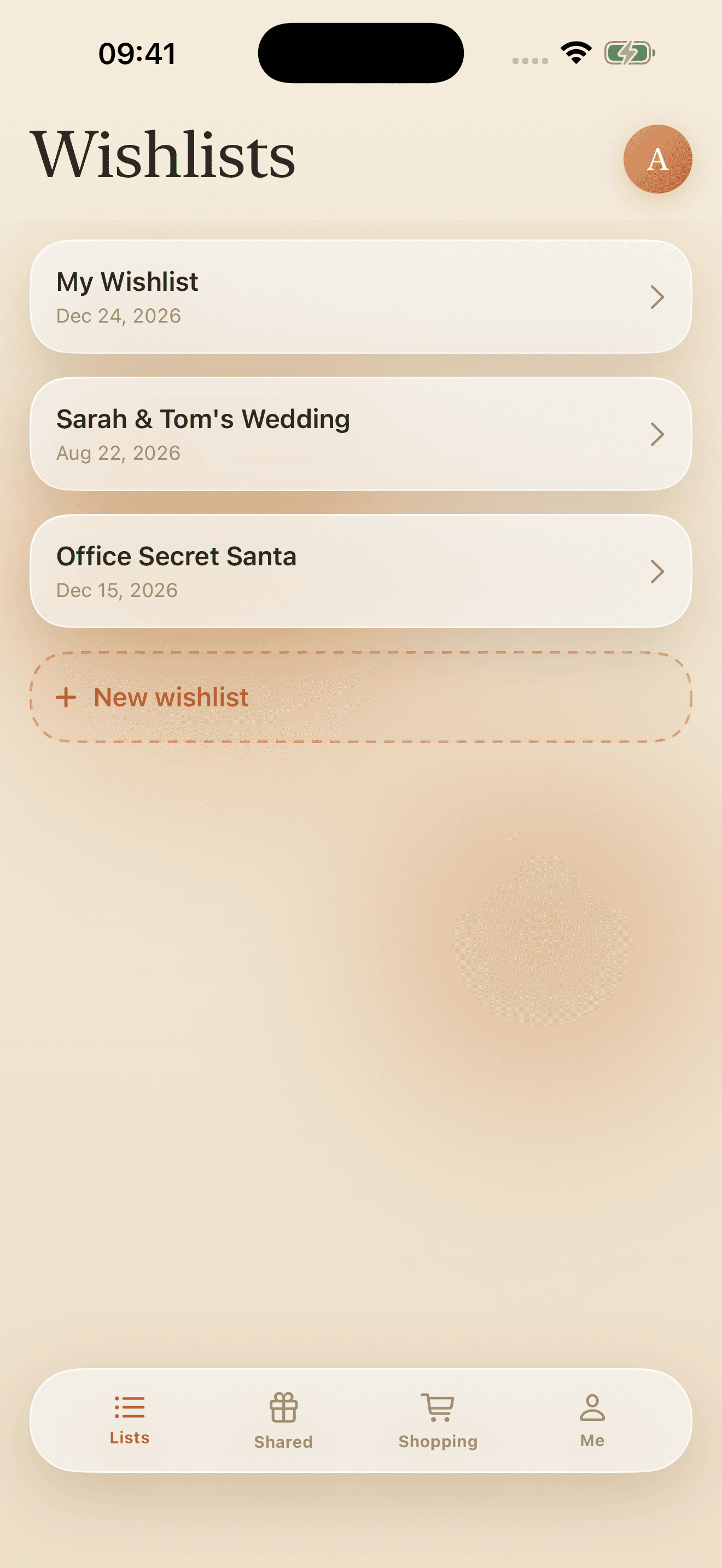 Wishlist overview with the New wishlist button
