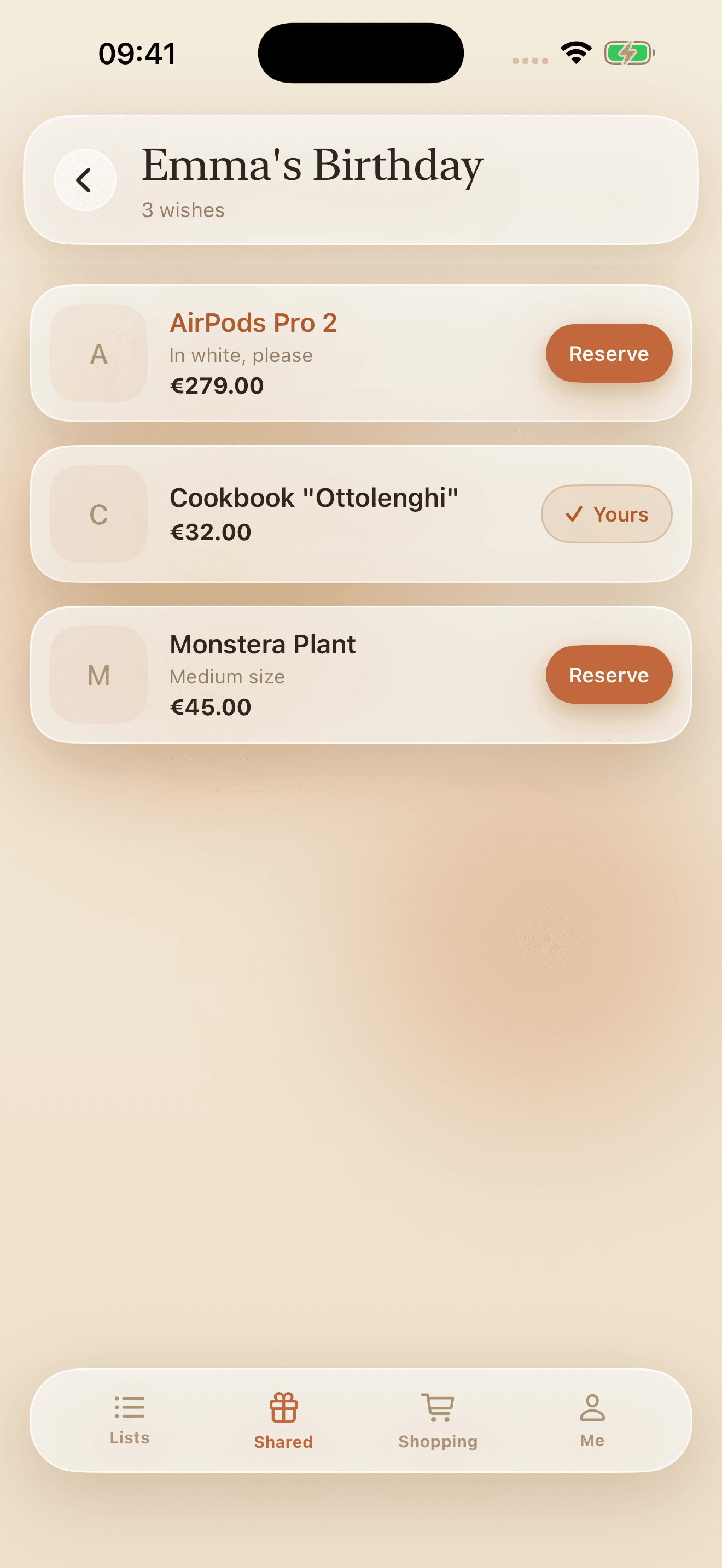 A shared list with reserve buttons